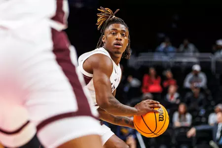 KANSAS CITY, MO - November 21, 2025 - Mississippi State Guard Jaborri McGhee (#2) during the game between the New Mexico Lobos and the Mississippi State Bulldogs at T-Mobile Arena in Kansas City, MO. Photo By Mike Mattina