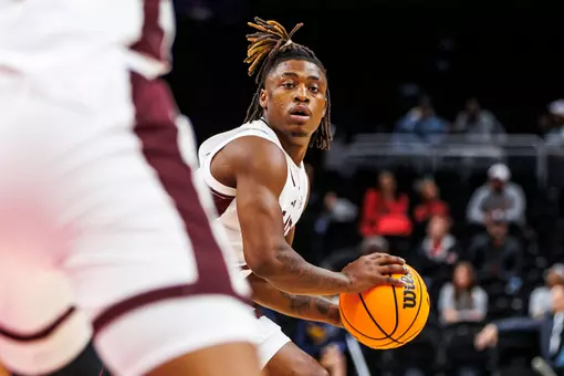 KANSAS CITY, MO - November 21, 2025 - Mississippi State Guard Jaborri McGhee (#2) during the game between the New Mexico Lobos and the Mississippi State Bulldogs at T-Mobile Arena in Kansas City, MO. Photo By Mike Mattina
