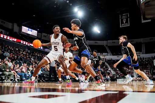 STARKVILLE, MS - November 24, 2025 - Mississippi State Guard Shawn Jones Jr. (#5) during the game between the New Orleans Privateers and the Mississippi State Bulldogs at Humphrey Coliseum in Starkville, MS. Photo By Mike Mattina
