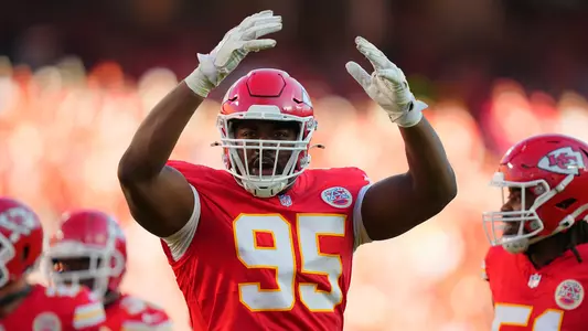Nov 23, 2025; Kansas City, Missouri, USA; Kansas City Chiefs defensive tackle Chris Jones (95) reacts in the second half against the Indianapolis Colts at GEHA Field at Arrowhead Stadium. Mandatory Credit: Jay Biggerstaff-Imagn Images