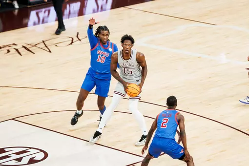 STARKVILLE, MS - November 28, 2025 - Mississippi State Center Quincy Ballard (#15) during the game between the Southern Methodist Mustangs and the Mississippi State Bulldogs at Humphrey Coliseum in Starkville, MS. Photo By Jordan Madrid