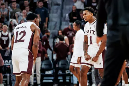 STARKVILLE, MS - November 05, 2025 - Mississippi State Guard Dellquan Warren (#1) and Mississippi State Guard Josh Hubbard (#12) during the game between the North Alabama Lions and the Mississippi State Bulldogs at Humphrey Coliseum in Starkville, MS. Photo By Mike Mattina