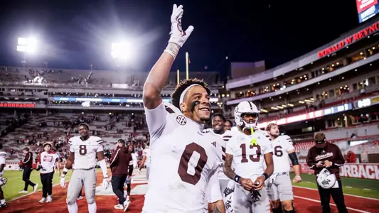 FAYETTEVILLE, AR - November 01, 2025 - Mississippi State Wide Receiver Brenen Thompson (#0) during the game between the Arkansas Razorbacks and the Mississippi State Bulldogs at Donald W. Reynolds Razorback Stadium in Fayetteville, AR. Photo By Mike Mattina