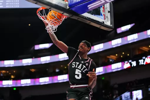 SALT LAKE CITY, UT - December 13, 2025 - Mississippi State Guard Shawn Jones Jr. (#5) during the game between the Utah Utes and the Mississippi State Bulldogs at The Delta Center in Salt Lake City, Utah. Photo By Eli Rehmer
