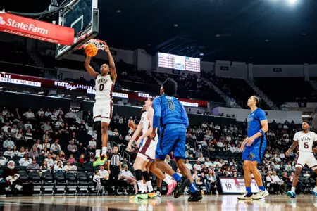 STARKVILLE, MS - December 20, 2025 - Mississippi State Guard Jamar Davis-Fleming (#0) during the game between the Memphis Tigers and the Mississippi State Bulldogs at Humphrey Coliseum in Starkville, MS. Photo By Mike Mattina