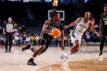 ATLANTA, GA - December 03, 2025 - Mississippi State Guard Jaborri McGhee (#2) during the game between the Georgia Tech Yellow Jackets and the Mississippi State Bulldogs at McCamish Pavilion in Atlanta, GA. Photo By Mike Mattina