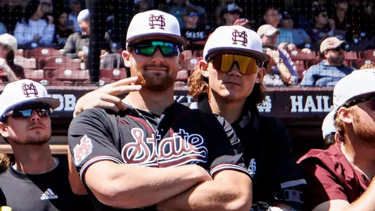 STARKVILLE, MS - April 16, 2023 - Mississippi State Pitcher Pico Kohn (#9) and Mississippi State Pitcher Stone Simmons (#17) before the game between the Ole Miss Rebels and the Mississippi State Bulldogs at Dudy Noble Field at Polk-Dement Stadium in Starkville, MS. Photo By Mike Mattina