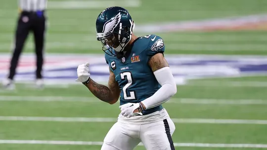 Feb 9, 2025; New Orleans, LA, USA; Philadelphia Eagles cornerback Darius Slay Jr. (2) reacts after breaking up a pass intended for Kansas City Chiefs tight end Travis Kelce (87) during the first half of Super Bowl LIX at Caesars Superdome. Mandatory Credit: Bill Streicher-Imagn Images