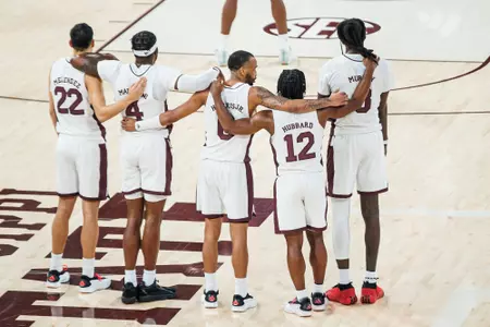 STARKVILLE, MS - February 11, 2025 - Mississippi State Forward RJ Melendez (#22), Mississippi State Guard/Forward Cameron Matthews (#4), Mississippi State Guard Claudell Harris Jr. (#0), Mississippi State Guard Josh Hubbard (#12) and Mississippi State Forward KeShawn Murphy (#3) during the game between the Florida Gators and the Mississippi State Bulldogs at Humphrey Coliseum in Starkville, MS. Photo By Mike Mattina