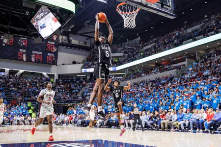 OXFORD, MS - February 15, 2025 - Mississippi State Guard Shawn Jones Jr. (#5) during the game between the Ole Miss Rebels and the Mississippi State Bulldogs at Pavilion at Ole Miss in Oxford, MS. Photo By Mike Mattina