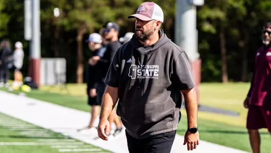 STARKVILLE, MS - June 11, 2024 - Mississippi State Defensive Coordinator Coleman Hutzler during workouts at the Leo Seal Jr. Football Complex at Mississippi State University in Starkville, MS. Photo By Bryce Mitchell