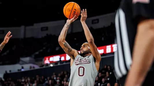 STARKVILLE, MS - February 18, 2025 - Mississippi State Guard Claudell Harris Jr. (#0) during the game between the Texas A&M Aggies and the Mississippi State Bulldogs at Humphrey Coliseum in Starkville, MS. Photo By Mike Mattina