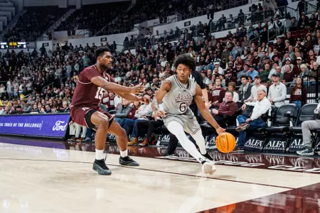 STARKVILLE, MS - February 18, 2025 - Mississippi State Guard Dellquan Warren (#6) during the game between the Texas A&M Aggies and the Mississippi State Bulldogs at Humphrey Coliseum in Starkville, MS. Photo By Mike Mattina