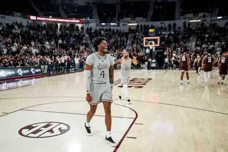 STARKVILLE, MS - February 18, 2025 - Mississippi State Guard/Forward Cameron Matthews (#4) during the game between the Texas A&M Aggies and the Mississippi State Bulldogs at Humphrey Coliseum in Starkville, MS. Photo By Mike Mattina