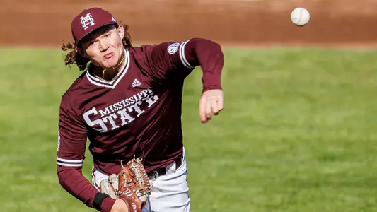 STARKVILLE, MS - February 21, 2025 - Mississippi State Pitcher Pico Kohn (#9) during the game between the Missouri State Bears and the Mississippi State Bulldogs at Dudy Noble Field at Polk-Dement Stadium in Starkville, MS. Photo By Will Porada