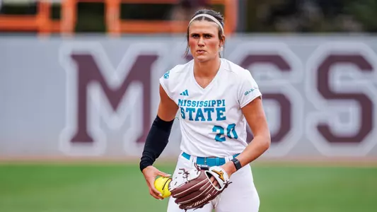 STARKVILLE, MS - February 15, 2025 - Mississippi State Pitcher Sara Phillips (#20) during the game between the Bradley Braves and the Mississippi State Bulldogs at Nusz Park in Starkville, MS. Photo By Will Porada