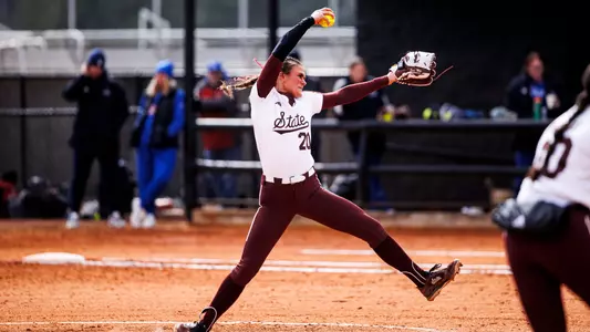 HUNTSVILLE, AL - February 22, 2025 - Mississippi State Pitcher Sara Phillips (#20) during the game between the Louisiana Tech Bulldogs and the Mississippi State Bulldogs during the Rocket City Softball Showcase at the UAH softball field in Huntsville, AL. Photo By Ivy Rose Ball