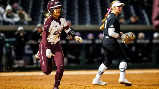 HUNTSVILLE, AL - February 22, 2025 - Mississippi State Infielder Xiane Romero (#83) during the game between the UNA Lions and the Mississippi State Bulldogs during the Rocket City Softball Showcase at Toyota Field in Huntsville, AL. Photo By Ivy Rose Ball
