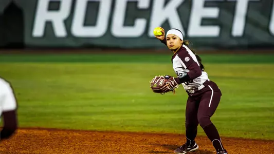 HUNTSVILLE, AL - February 22, 2025 - Mississippi State Infielder Xiane Romero (#83) during the game between the UNA Lions and the Mississippi State Bulldogs during the Rocket City Softball Showcase at Toyota Field in Huntsville, AL. Photo By Ivy Rose Ball