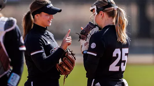 HUNTSVILLE, AL - February 23, 2025 - Mississippi State Pitcher Raelin Chaffin (#25) and Mississippi State Catcher Paige Ernstes (#12) during the game between the Jacksonville State Gamecocks and the Mississippi State Bulldogs during the Rocket City Softball Showcase at the UAH Softball Field in Huntsville, AL. Photo By Ivy Rose Ball