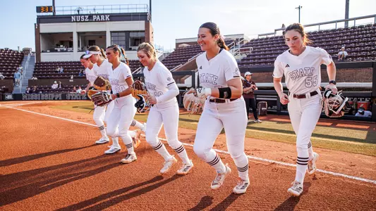 STARKVILLE, MS - February 26, 2025 - Mississippi State Pitcher Hosanna Lindblade (#43), Mississippi State Pitcher Abigail Stevens (#11), Mississippi State Pitcher Sara Phillips (#20), Mississippi State Pitcher/Infielder Delainey Everett (#48), Mississippi State Pitcher/Infielder Lexi Sosa (#7) and Mississippi State Pitcher Josey Marron (#55) during the game between the UAB Blazers and the Mississippi State Bulldogs at Nusz Park in Starkville, MS. Photo By Mike Mattina
