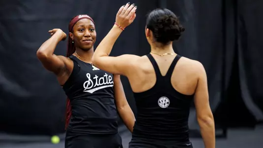 STARKVILLE, MS - February 07, 2025 - Mississippi State's Gianna Oboniye during the match between the Memphis Tigers and the Mississippi State Bulldogs at the Rula Tennis Pavilion in Starkville, MS. Photo By Mike Mattina