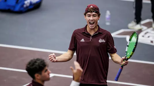 STARKVILLE, MS - January 12, 2025 - Mississippi State's Marshall Landry and Mississippi State's Roberto Ferrer Guimaraes during the match between the Samford Bulldogs and the Mississippi State Bulldogs at the Rula Tennis Pavilion in Starkville, MS. Photo By Mike Mattina