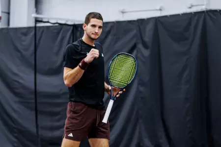STARKVILLE, MS - February 09, 2025 - Mississippi State's Petar Jovanovic during the match between the Memphis Tigers and the Mississippi State Bulldogs at the Rula Tennis Pavilion in Starkville, MS. Photo By Mike Mattina