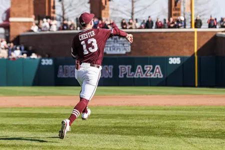 STARKVILLE, MS - February 14, 2025 - Mississippi State Infielder Nate Chester (#13) during the game between the Manhattan Jaspers and the Mississippi State Bulldogs at Dudy Noble Field at Polk-Dement Stadium in Starkville, MS. Photo By Mike Mattina