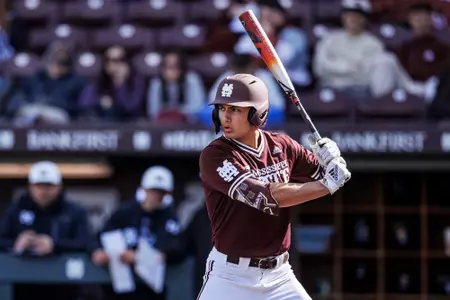 STARKVILLE, MS - February 14, 2025 - Mississippi State Outfielder Landis Davila (#6) during the game between the Manhattan Jaspers and the Mississippi State Bulldogs at Dudy Noble Field at Polk-Dement Stadium in Starkville, MS. Photo By Mike Mattina