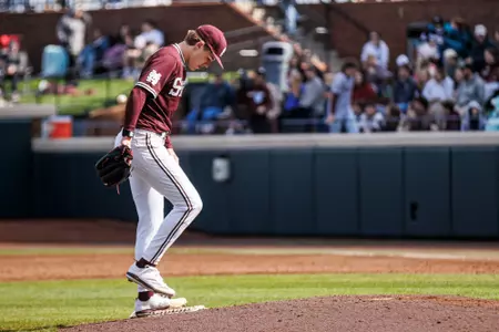 STARKVILLE, MS - February 14, 2025 - Mississippi State Pitcher Charlie Foster (#8) during the game between the Manhattan Jaspers and the Mississippi State Bulldogs at Dudy Noble Field at Polk-Dement Stadium in Starkville, MS. Photo By Mike Mattina