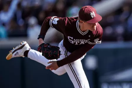 STARKVILLE, MS - February 14, 2025 - Mississippi State Pitcher Charlie Foster (#8) during the game between the Manhattan Jaspers and the Mississippi State Bulldogs at Dudy Noble Field at Polk-Dement Stadium in Starkville, MS. Photo By Mike Mattina