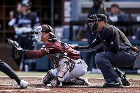 STARKVILLE, MS - February 14, 2025 - Mississippi State Catcher Jackson Owen (#23) during the game between the Manhattan Jaspers and the Mississippi State Bulldogs at Dudy Noble Field at Polk-Dement Stadium in Starkville, MS. Photo By Mike Mattina