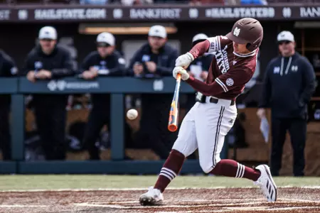 STARKVILLE, MS - February 14, 2025 - Mississippi State Infielder/Catcher Steven Spalitta (#43) during the game between the Manhattan Jaspers and the Mississippi State Bulldogs at Dudy Noble Field at Polk-Dement Stadium in Starkville, MS. Photo By Mike Mattina
