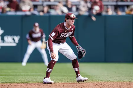 STARKVILLE, MS - February 14, 2025 - Mississippi State Infielder/Catcher Steven Spalitta (#43) during the game between the Manhattan Jaspers and the Mississippi State Bulldogs at Dudy Noble Field at Polk-Dement Stadium in Starkville, MS. Photo By Mike Mattina