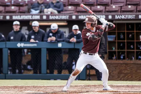 STARKVILLE, MS - February 14, 2025 - Mississippi State Infielder/Catcher Steven Spalitta (#43) during the game between the Manhattan Jaspers and the Mississippi State Bulldogs at Dudy Noble Field at Polk-Dement Stadium in Starkville, MS. Photo By Mike Mattina
