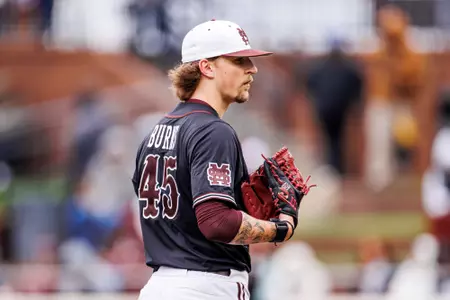 STARKVILLE, MS - February 16, 2025 - Mississippi State Pitcher Dane Burns (#45) during the game between the Manhattan Jaspers and the Mississippi State Bulldogs at Dudy Noble Field at Polk-Dement Stadium in Starkville, MS. Photo By Mike Mattina
