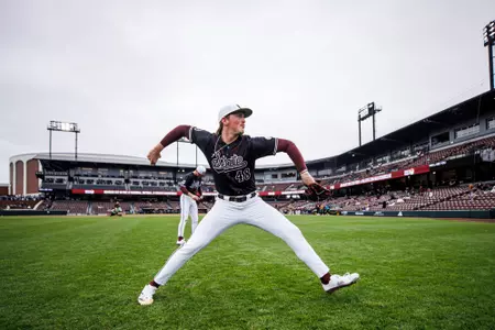 STARKVILLE, MS - February 16, 2025 - Mississippi State Pitcher Kevin Mannell (#48) during the game between the Manhattan Jaspers and the Mississippi State Bulldogs at Dudy Noble Field at Polk-Dement Stadium in Starkville, MS. Photo By Mike Mattina