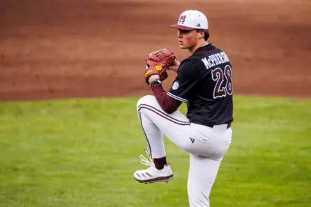 STARKVILLE, MS - February 16, 2025 - Mississippi State Pitcher Ryan McPherson (#28) during the game between the Manhattan Jaspers and the Mississippi State Bulldogs at Dudy Noble Field at Polk-Dement Stadium in Starkville, MS. Photo By Mike Mattina