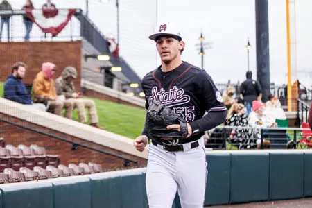 STARKVILLE, MS - February 16, 2025 - Mississippi State Catcher Joe Powell (#55) during the game between the Manhattan Jaspers and the Mississippi State Bulldogs at Dudy Noble Field at Polk-Dement Stadium in Starkville, MS. Photo By Mike Mattina
