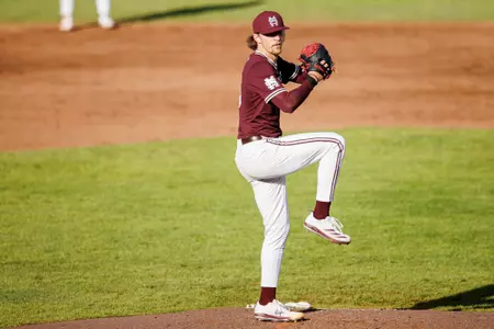 STARKVILLE, MS - February 21, 2025 - Mississippi State Pitcher Dane Burns (#45) during the game between the Missouri State Bears and the Mississippi State Bulldogs at Dudy Noble Field at Polk-Dement Stadium in Starkville, MS. Photo By Will Porada