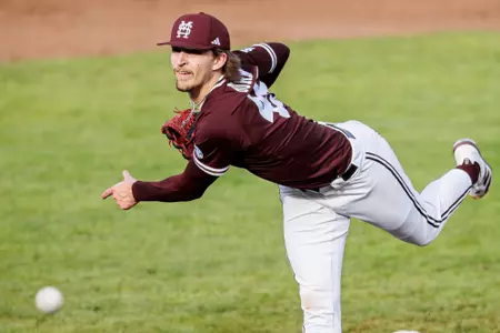 STARKVILLE, MS - February 21, 2025 - Mississippi State Pitcher Dane Burns (#45) during the game between the Missouri State Bears and the Mississippi State Bulldogs at Dudy Noble Field at Polk-Dement Stadium in Starkville, MS. Photo By Will Porada