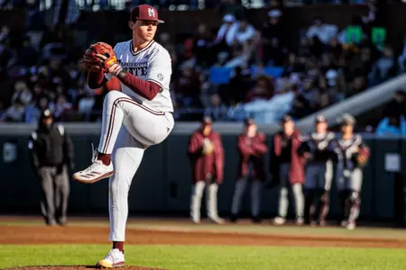 STARKVILLE, MS - February 22, 2025 - Mississippi State Pitcher Ryan McPherson (#28) during the game between the Missouri State Bears and the Mississippi State Bulldogs at Dudy Noble Field at Polk-Dement Stadium in Starkville, MS. Photo By Will Porada