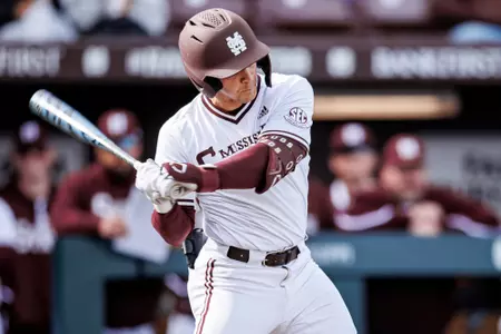 STARKVILLE, MS - February 22, 2025 - Mississippi State Catcher Joe Powell (#55) during the game between the Missouri State Bears and the Mississippi State Bulldogs at Dudy Noble Field at Polk-Dement Stadium in Starkville, MS. Photo By Will Porada