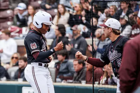 STARKVILLE, MS - February 23, 2025 - Mississippi State Infielder/Outfielder Aaron Downs (#5) and Mississippi State Infielder/Outfielder Ethan Pulliam (#41) during the game between the Missouri State Bears and the Mississippi State Bulldogs at Dudy Noble Field at Polk-Dement Stadium in Starkville, MS. Photo By Mike Mattina