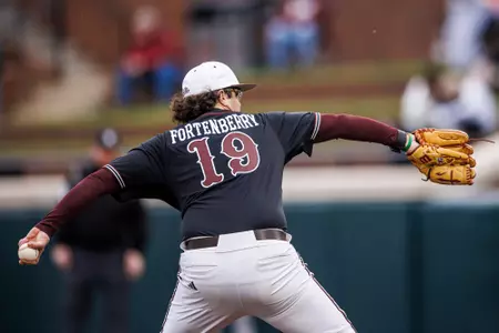 STARKVILLE, MS - February 23, 2025 - Mississippi State Pitcher Robert Fortenberry (#19) during the game between the Missouri State Bears and the Mississippi State Bulldogs at Dudy Noble Field at Polk-Dement Stadium in Starkville, MS. Photo By Mike Mattina