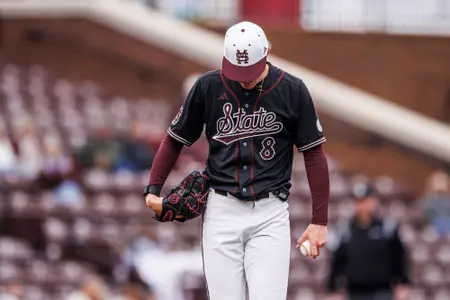 STARKVILLE, MS - February 23, 2025 - Mississippi State Pitcher Charlie Foster (#8) during the game between the Missouri State Bears and the Mississippi State Bulldogs at Dudy Noble Field at Polk-Dement Stadium in Starkville, MS. Photo By Mike Mattina