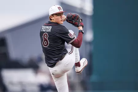 STARKVILLE, MS - February 23, 2025 - Mississippi State Pitcher Charlie Foster (#8) during the game between the Missouri State Bears and the Mississippi State Bulldogs at Dudy Noble Field at Polk-Dement Stadium in Starkville, MS. Photo By Mike Mattina