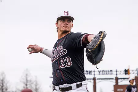 STARKVILLE, MS - February 23, 2025 - Mississippi State Catcher Jackson Owen (#23) during the game between the Missouri State Bears and the Mississippi State Bulldogs at Dudy Noble Field at Polk-Dement Stadium in Starkville, MS. Photo By Mike Mattina
