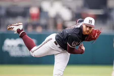 STARKVILLE, MS - February 23, 2025 - Mississippi State Pitcher Stone Simmons (#17) during the game between the Missouri State Bears and the Mississippi State Bulldogs at Dudy Noble Field at Polk-Dement Stadium in Starkville, MS. Photo By Mike Mattina